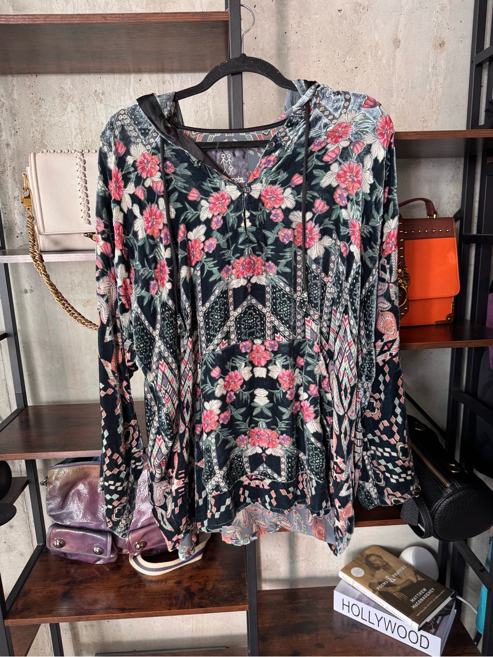 Johnny Was Silk, Velvet Blue, & Floral Long Sleeve Hoodie Dress OVERSIZED Small